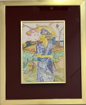 JULIO CESAR ALVAREZ - (Paraguai 1949.....) Obra em técnica mista representando figura humana e vegetalistas, protegida por moldura de metal dourado e vidro transparente. Assinada e datada 1988 no canto medio direito. Medida da obra 24 x 33cm. Medida total 46 x 56 cm.