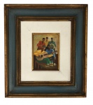 Óleo sobre placa, representando cena de músicos em ambiente boêmio, com personagem ao centro tocando violão acompanhado por outras figuras ao fundo. Composição de caráter moderno, pincelada solta e paleta de cores vivas. Emoldurado. Medida da obra 22cm x 16cm. Medida total 50cm x 56cm