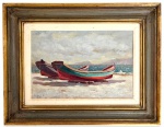 VIRGILIO LOPES RODRIGUES (Recife, Pernambuco, 1863 - Rio de Janeiro, Rio de Janeiro, 1944). - Óleo sobre madeira representando "marinha" barcos de pesca repousando na praia, com o mar ao fundo e céu de pincelada solta, composição luminosa de caráter marinho. Assinado no canto inferior esquerdo. Proteção de moldura de madeira patinada. Medida da obra 30 x 42 cm. Medida total 47 x 60 cm.