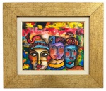 JULIO CESAR ALVAREZ (Paraguai 1949..... ) Técnica mista sobre papel sobre placa representando três figuras estilizadas em composição de forte colorido e traço expressivo, característica da produção contemporânea do artista. Assinada e datada 2011. Emoldurada. Medida da obra 32 x 26 cm. Medida total 50 x 43 cm.