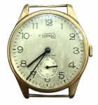 SUIÇA 1900 - Relógio de pulso Eberhard & Co., caixa em ouro amarelo 18k, mostrador com algarismos arábicos e pequeno segundeiro às 6 horas, movimento mecânico de corda manual. Acompanha pulseira em couro, solta. Peso total 26,4 g. Peça suíça clássica, inicio 1900. Funcionamento desconhecido. Este item não se encontra na galeria, e sim em posse do proprietário.