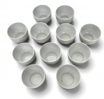 Conjunto com 11 pequenas tigelas em porcelana branca, marca Bauscher Weiden (Bavaria, Germany), com inscrição Designed for Pan Am. Peças de linhas simples e elegantes, produzidas para uso em serviço de bordo, apresentando design funcional e clássico. Mede 7cm.