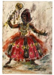 SUZANA LEVY (Rio 1937 / idem 2023) - Obra em técnica mista sobre papel cartão representando figura afro-brasileira em dança ritualística, com vestimenta vibrante em tons de vermelho, preto e amarelo, adornada por colares e ornamentos. Traço expressivo e composição dinâmica. Assinada no canto inferior. Verso com marcas do tempo. Mede 17x25cm.