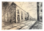 SUZANA LEVY (Rio 1937 / idem 2023) - Desenho em carvão sobre papel cartão representando paisagem urbana com perspectiva acentuada, destacando edifício de esquina e via em profundidade. Traço solto e expressivo, com forte jogo de luz e sombra. Assinado no canto inferior. Verso com marcas do tempo e carimbo. Mede 34,5x50cm.
