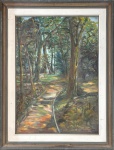 SUZANA LEVY (Rio 1937 / idem 2023) - Pintura a óleo sobre tela representando paisagem arborizada com caminho sinuoso em meio a jardim, rica em efeitos de luz e sombra e pincelada solta de caráter impressionista. Assinada no canto inferior direito. Verso com inscrições. Emoldurada. Medida total 1m15cm x 88cm.