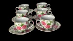 Conjunto de seis xicaras em porcelana oriental nas cores branca , rosas e verdes, nunca usadas