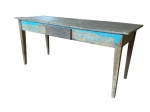 Antiga e linda mesa de fazenda em madeira nobre com uma gaveta , restos de policromia azul , perfeito estado, entrega encerado, cupinizado e restaurada , mede 2,85x65x83 cm altura
