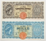 Numismática, ITALIA. Duas Cópias de Cédulas Raras 500 Lire e 1000 Lire