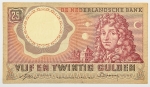 Numismática, HOLANDA. Uma Cédula P-87 25 Gulden 1955