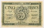 Numismática, ALGERIE. Uma Cédula P-4 5 Francs 1942