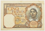 Numismática, ALGERIE. Uma Cédula P-6 5 Francs 1941