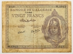 Numismática, ALGERIE. Uma Cédula P-11 20 Francs 1945