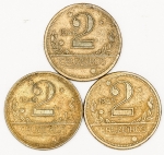 Numismática, BRASIL. Três Moedas Nacionais Antigas 2 Cruzeiros