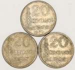 Numismática, BRASIL. Três Moedas Nacionais Antigas 20 Centavos