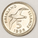 Numismática, INTERNACIONAL. Uma Moeda 5 Pence 1998 FALKLANDS