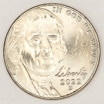 Numismática, EUA. Moeda de five cent Dollar ano 2022 D, 21mm. Jefferson F.C.
