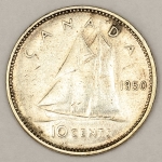 Numismática, Canadá. Moeda de 10 cents ano 1950, prata 2,33g, 18,03mm, Rei George VI, KMH 43.