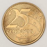 Numismática, Brasil. Moeda de 25 centavos ano 2008. Reverso inclinado à direita, V. 510. Oportunidade.