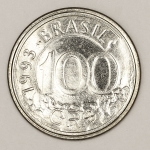 Numismática, Brasil. Moeda de 100 cruzeiros reais ano 1993, Lobo Guará, V. 436g. Flor de cunho.