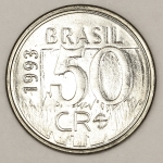 Numismática, Brasil. Moeda de 50 cruzeiros reais ano 1993, Onça Pintada, V. 434. Flor de cunho.