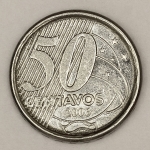Numismática, Brasil. Moeda de 50 centavos ano 2006, com colarinho e reverso inclinado à direita. Cunhagem 39.984.000, V. 524.