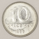 Numismática, Brasil. Moeda de 10 cruzeiros ano 1986, data mais rara da série. Tiragem 39.109.000, Série Mapa do Brasil, flor de cunho, V. 361.