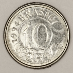 Numismática, Brasil. Moeda de 10 cruzeiros reais ano 1994. Tamanduá, V. 433. Flor de cunho.