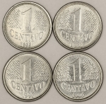Numismática, Brasil. Série completa de 1 centavo, 1ª família do Real, anos 1994, 1995, 1996 e 1997. Já escassas.