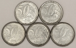 Numismática, Brasil. Lote com 5 moedas de 50 centavos ano 2006. Tiragem 29.984.000, V. 524, escassa.