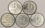 Numismática, Brasil. Série com 5 moedas de 5 cruzeiros, anos 1980, 1981, 1982, 1983 e 1984, Série Café, escassas.