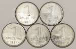 Numismática, Brasil. Lote com 5 moedas de 1 cruzeiro, anos 1978, 1980, 1981, 1982 e 1984, cana de açúcar, já escassas.