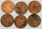 Numismática, Brasil. Lote com 6 moedas de 5 centavos, sendo 5 com lindas sobras de metal, sem repetição de data, incluso o raro 5 centavos de 2008, V. 474.