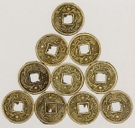 Numismática, China. Lote com 10 moedas chinesas Feng-Shui, talismã da sorte, riqueza, dinheiro e fortuna, bronze, 13mm.