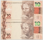 Numismática, Brasil. Lote com 2 cédulas de 10 reais, sendo JB001632322 e JB001632323, seriadas escassas, flor de estampa.