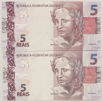Numismática, Brasil. Lote com 2 cédulas de 5 reais, sendo LH013120150 e LH013120151, seriadas escassas, flor de estampa.