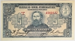 Numismática, Paraguai. Cédula de 5 Guaranis 1943 P-179(1) FE