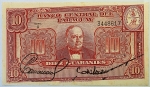 Numismática, Paraguai. Cédula de 10 Guaranis 1952 P-187a(2)