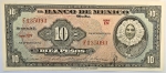 Numismática, México. Cédula de 10 Pesos 1967 P-58b FE