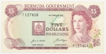 Numismática, Bermuda. Cédula de 5 Dólares P-24 1970 MBC+
