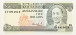Numismática, Barbados. Cédula de 5 Dólares P-37 FE