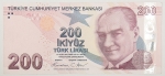Numismática, Turquia. Cédula de 200 Liras P-227 FE