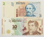 Numismática, Argentina. Lote com duas cédulas, sendo uma de 2 Pesos e uma de 10 Pesos, P-346 e 360 FE