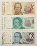 Numismática, Argentina. Lote com três cédulas, sendo 1, 5 e 10 Pesos, P-323, 324 e 325 MBC