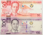 Numismática, Filipinas. Lote com duas cédulas, sendo 50 e 100 Pisos P-204 e 208 MBC
