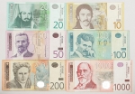 Numismática, Servia. Lote com 6 cédulas, sendo 10, 20 (FE), 50, 100 e 200 Dinares, P-54, 55, 56, 57, 58 e 60 MBC