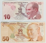 Numismática, Turquia. Lote com duas cédulas, sendo 10 e 50 Liras P-223 e 225 MBC