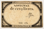 Numismática, França. Assignat. Cinq Livres.
