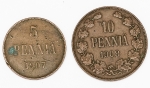 Numismática, Finlândia. Lote com 2 peças. 10 Pennia 1908 e 1907.
