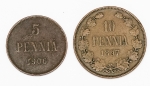 Numismática, Finlândia. 10 Pennia 1897 e 1906.
