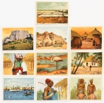 África Alemã. Figurinhas centenárias de colônia alemã. Raríssimas. Costumes, hábitos, paisagens, animais, tipos etc. 10 (dez) peças. Brindes de cigarros.